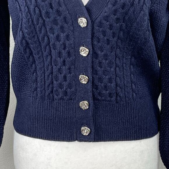 Elie Tahari Navy Blue Cable Knit V-Neck Cardigan Sweater NWT Small - Picture 8 of 16